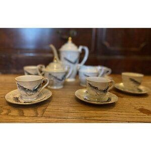Vtg Japanese Moriage Dragonware Lithophane Geisha Coffee or Tea Set Black 15 Pc
